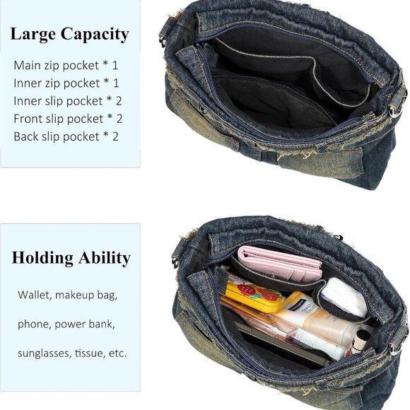 Denim Purse with Rhinestones Crossbody Shoulder Bag Bling Small Jean Purses for - Picture 4 of 7